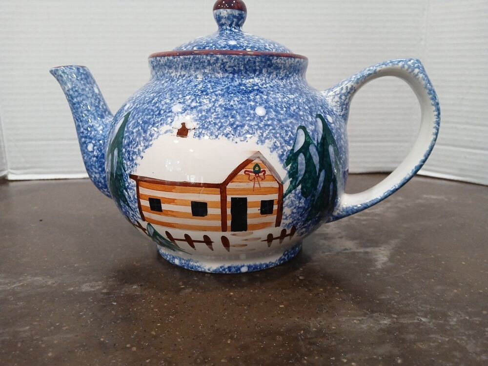 VTG Holiday Mountain Lodge Teapot LivingQuarters Hand Painted Blue Sponge Cabin